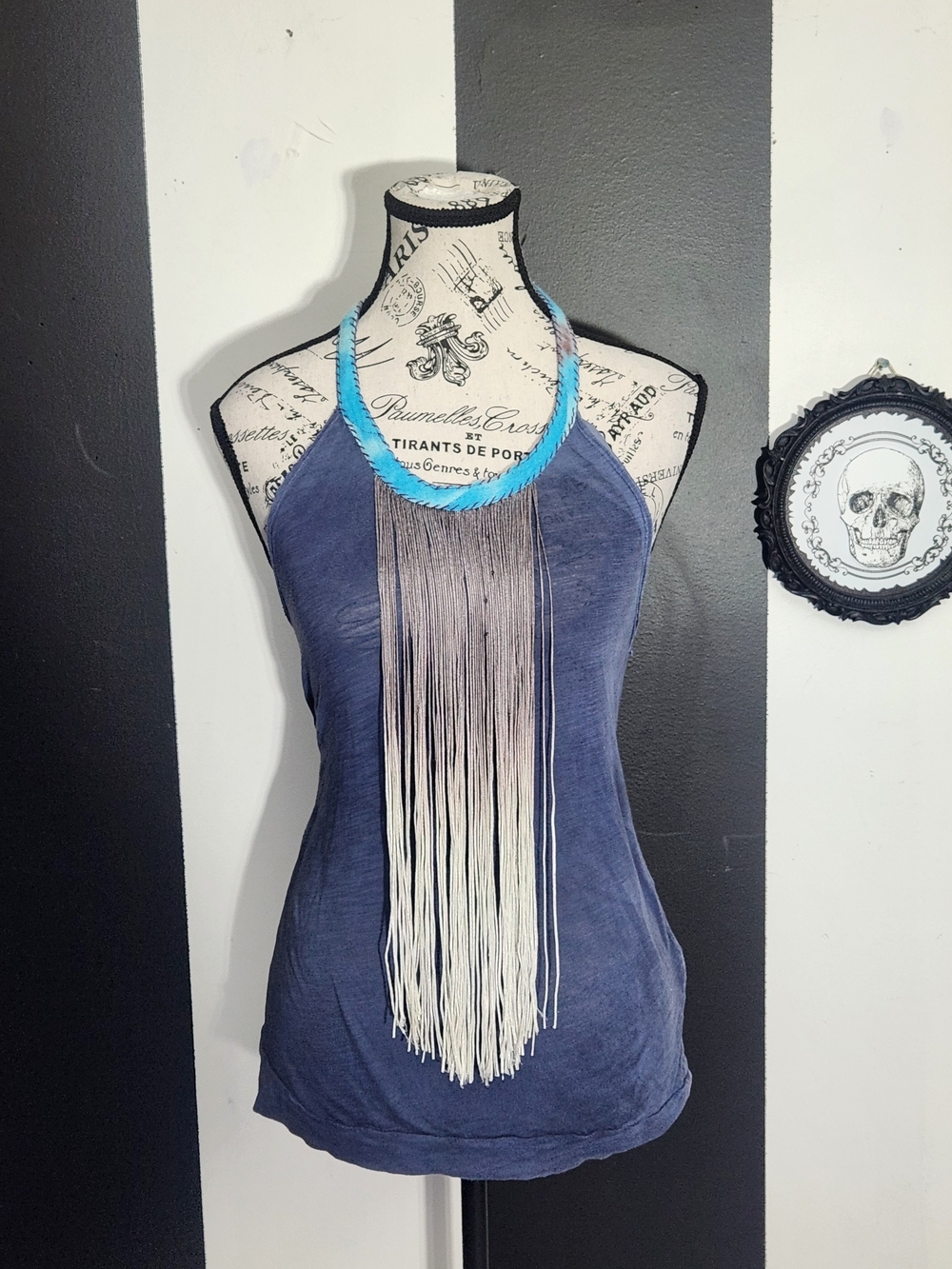 Free People Indigo Blue Halter Tank with Long Fringe